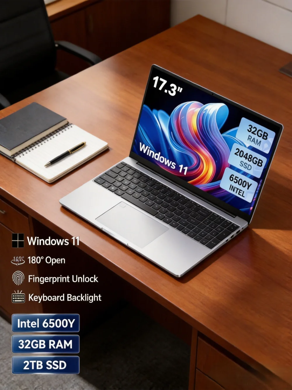 

17.3-inch HD Ultra Large Screen Notebook, Intel 6500Y High-Speed Processor, 32GB RAM + 1TB/2TB SSD, Windows 11 Pro, Lightweight
