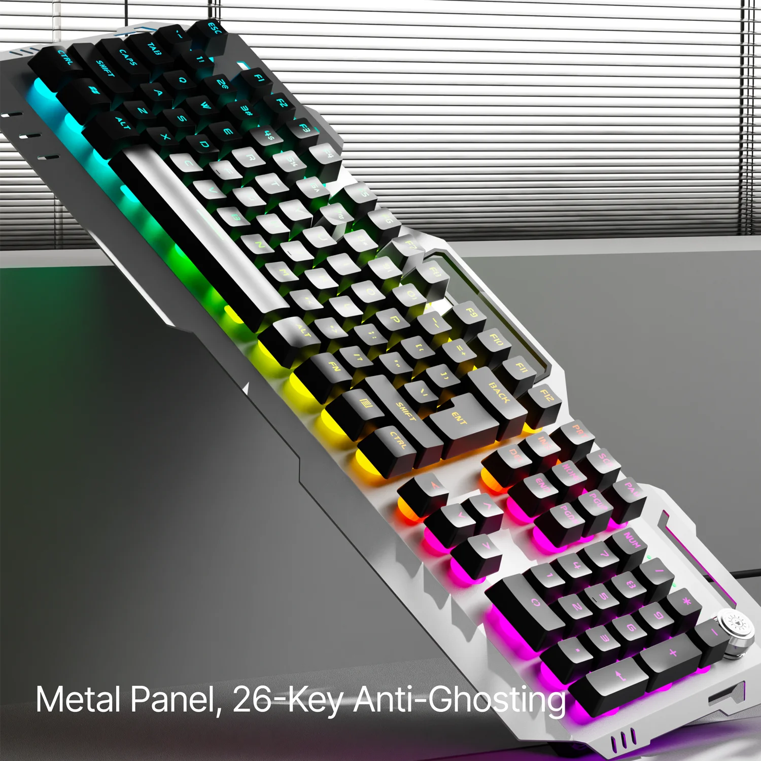 EWEADN لوحة مفاتيح الألعاب الصامتة، 104 مفاتيح بإضاءة خلفية LED، لوحة معدنية بالكامل USB سلكية، مقبض الوسائط المتعددة، المكتب، المنزل، الكمبيوتر المحمول/سطح المكتب