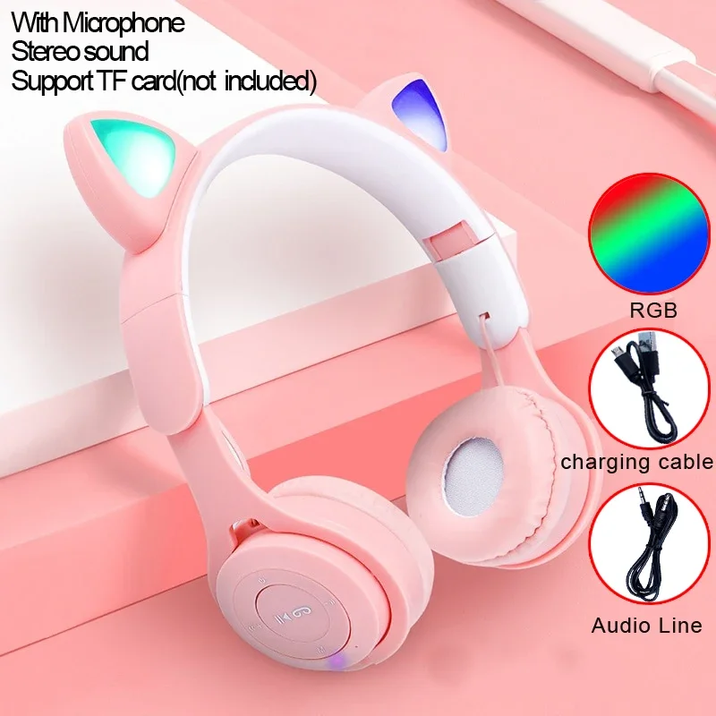 

2024 Flash Light Cute Cat Ears Wireless Headphone with Mic Control LED Kid Girl Stereo Music Helmet Phone Bluetooth Headset Gift