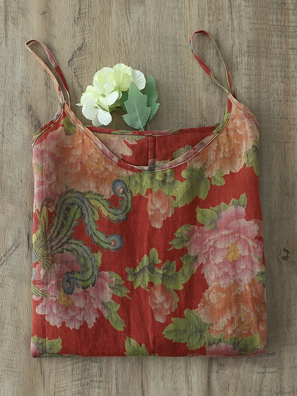 Retro Chinese Water Ink Print Cotton Linen Wrap Dress Women's Mid-Length Thin Loose Casual Vest Dress Breathable Summer Wear