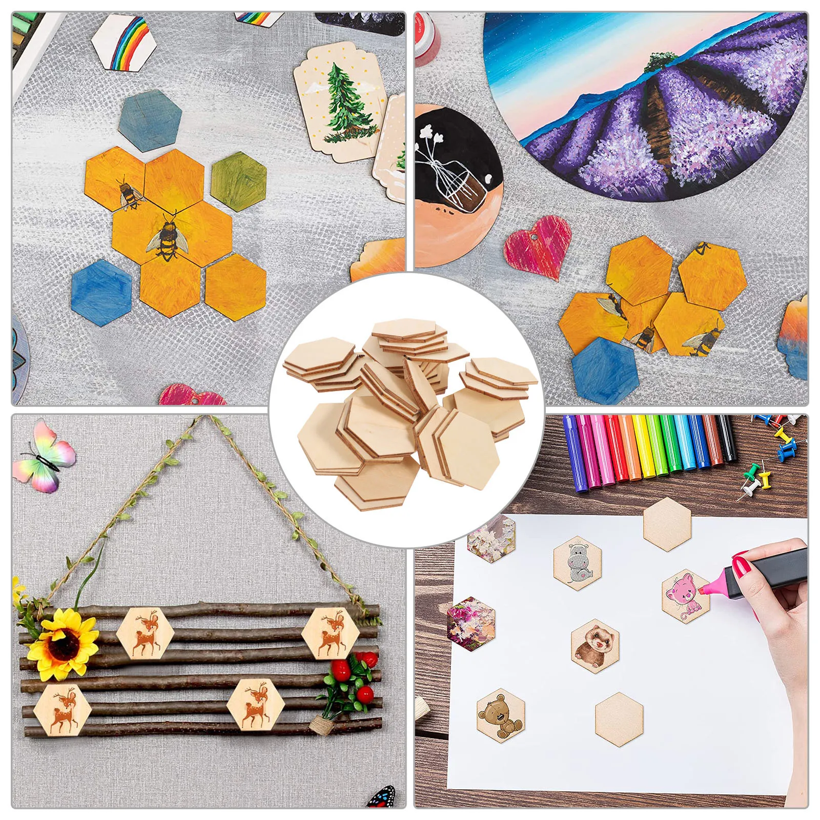50Pcs Beech Wooden Hexagonal Shapes Smooth Surface DIY Crafts Wedding Birthday Christmas Decorations Wooden Shapes