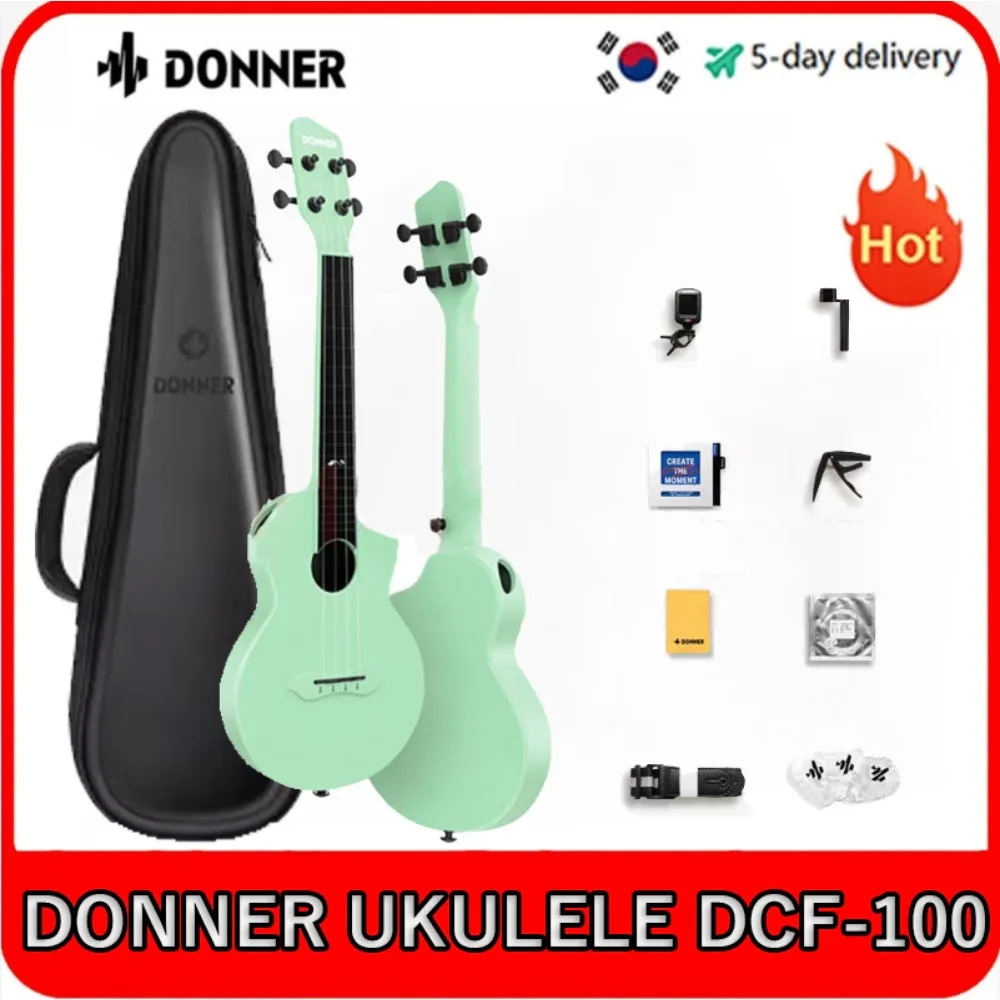 Donner Concert Ukulele Green Carbon Fiber 23 Inch Travel Starter Bundle Kit Gig Bag Strap Nylon String Tuner Picks Cloth DCF100