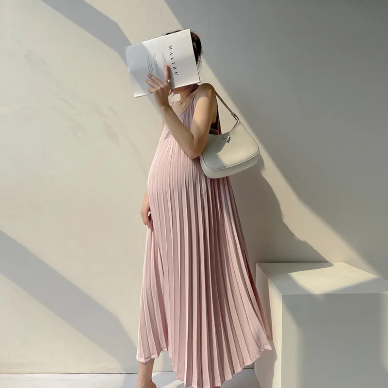 Robe longue plissée en mousseline de soie pour femmes enceintes, robes de grossesse, vêtements de mode décontractés, grande taille, 2024