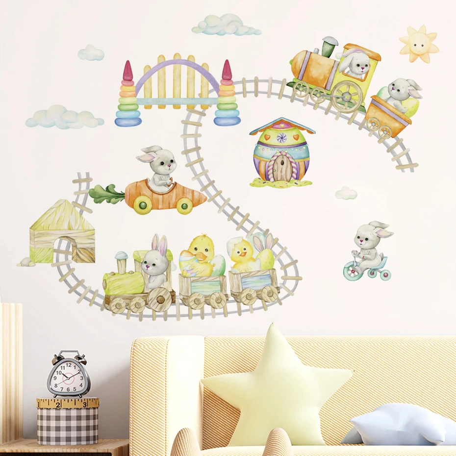 Cartoon Cute Animals Ride The Train Nursery Wall Decals Art Removable Picture Posters For Baby Kids Room Home Decor