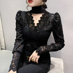 #7934 Black White Khaki Vintage Short Lace T Shirt Women Sexy Hollow Out Wrap T-Shirt Female Long Sleeve Thin Turtleneck Tight