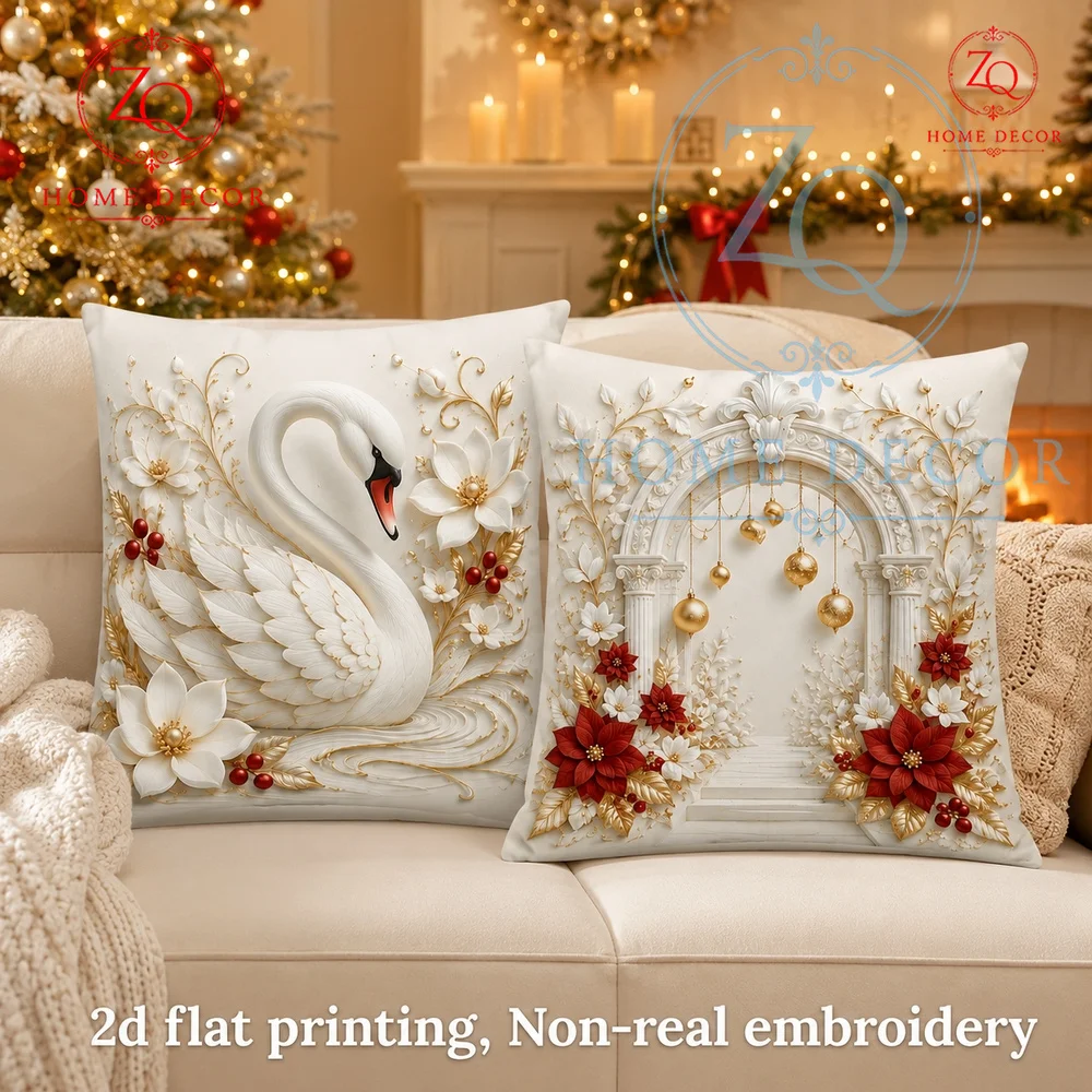 Luxury Christmas White Swan Throw Pillow Cover Elegant Gold Floral Holiday Cushion Case  Living Room Winter Home Decor