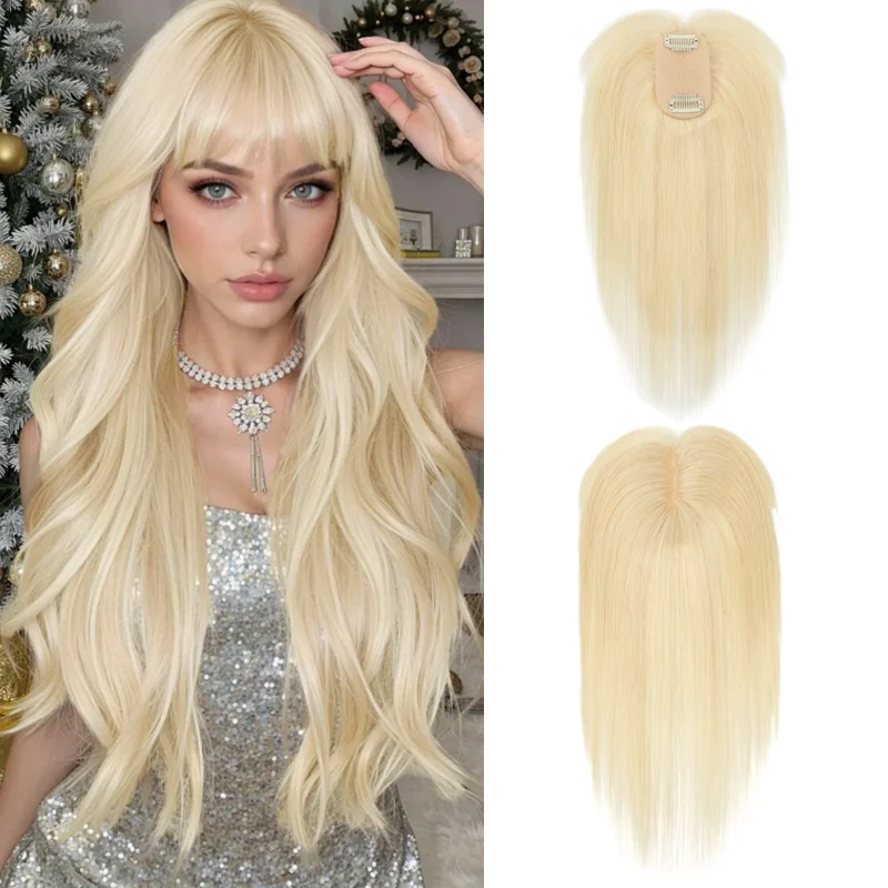 Womens Human Hair Enhancement Topper Bangs Style 360 Full Coverage Gray Hair Cover Accessory Clip In One Piece 20G Design 5x9cm Base 20 25 30cm Lengths