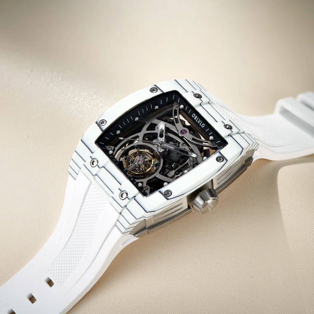 Oblvlo Tourbillon เคสคาร์บอนไฟเบอร์เรืองแสงทรงถังไวน์แบบนาฬิกาข้อมือผู้ชาย EM-RT Tali Jam Tangan karet