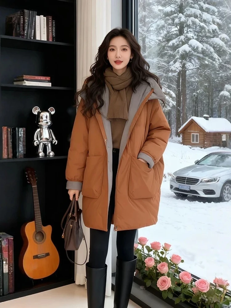 

Женская повседневная модная корейская куртка большого размера из хлопка, теплая, средней длины, с капюшоном, для поездок на работу, свободного кроя, на молнии