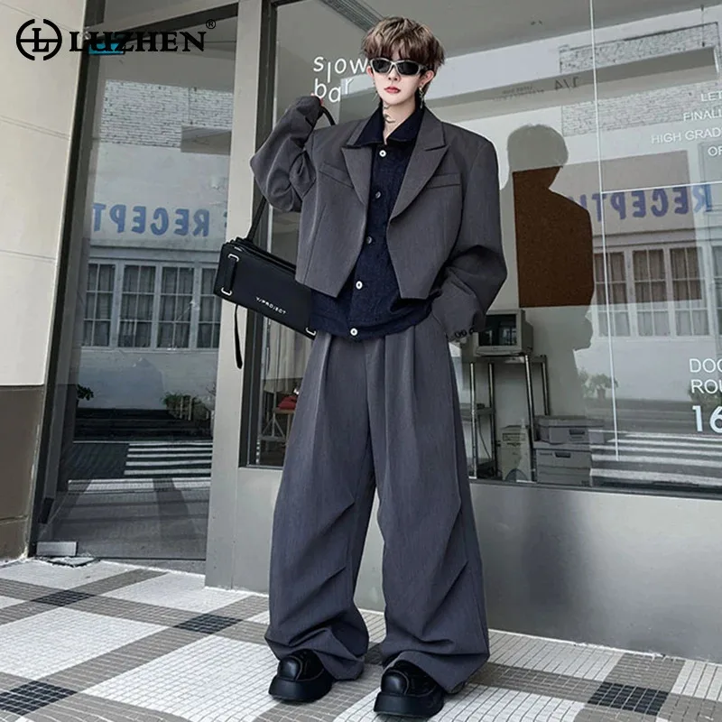 

LUZHEN Elegant Handsome Two-piece Sets Men's 2025 New Solid Color Short Blazer Coat 2025 New Fashion Baggy Wide Leg Pants JY4213