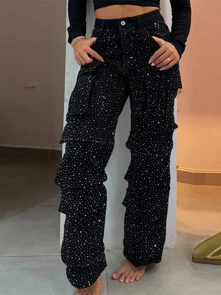 

Women's High Waist Cargo Denim Jeans with Full Rhinestones Sparkling Casual Baggy Pants Streetwear Chic Daily Trousers