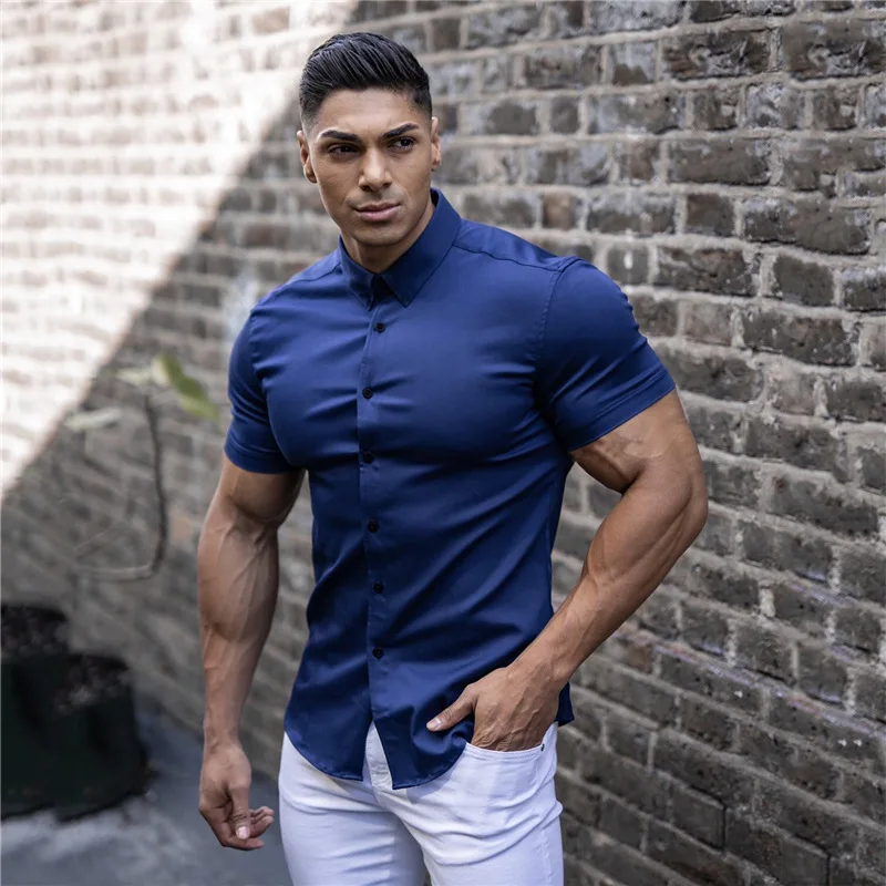 Muscle Men's Fitness Short Sleeved Lapel Shirt Elastic Thin Solid Color Sports Casual Cardigan Business No Iron Shirt Trend