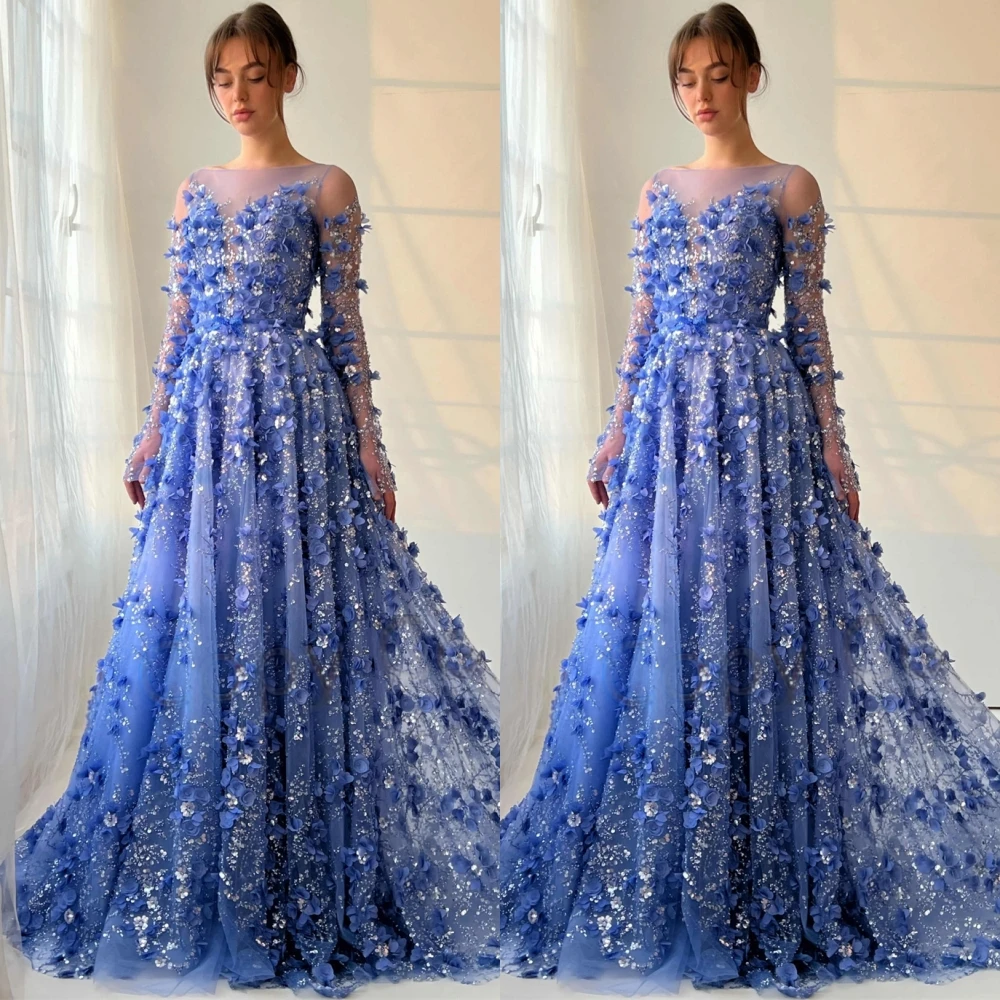 

Customized Exquisite Tulle O-Neck Evening Dress Simple Long Sleeves Prom Dresses Delicate Flowers Special Occasion Gowns