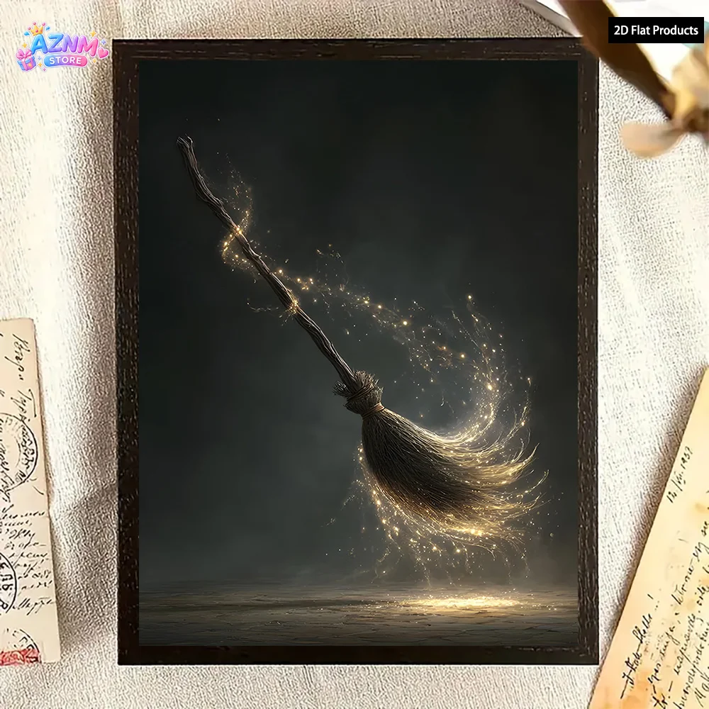 2D Flat, 2D Flat, Canvas Painting, Available As A Single Piece Without Frame, It Features Witch Broom Wall Art with A Gothic