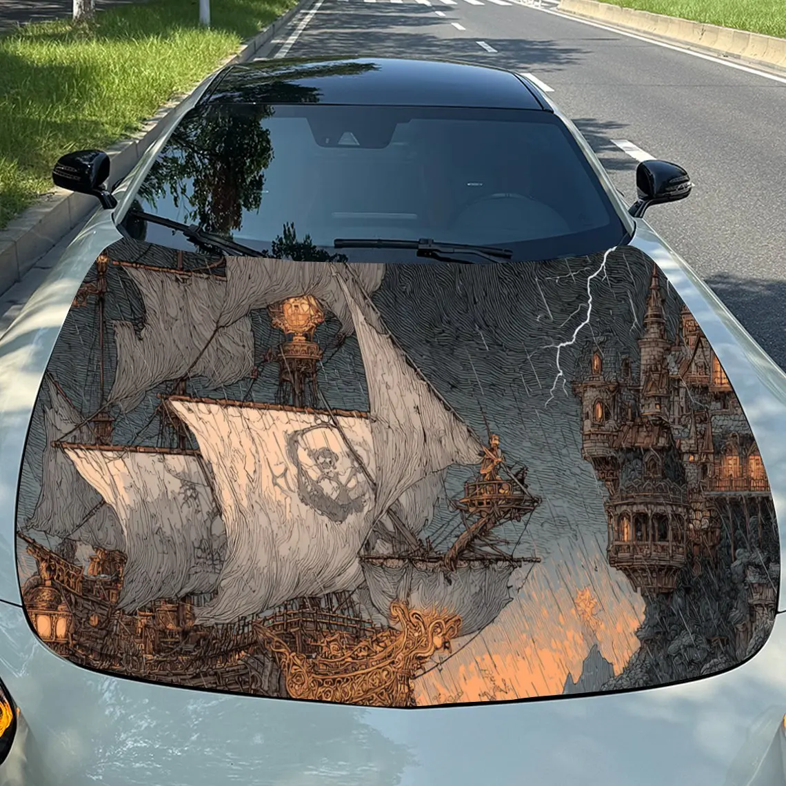 

Enchanting Retro Sailboat in Stormy Scene PVC Car Engine Hood Vinyl Wraps, Self-Adhesive Waterproof Car Hood Decal Sticker, Car