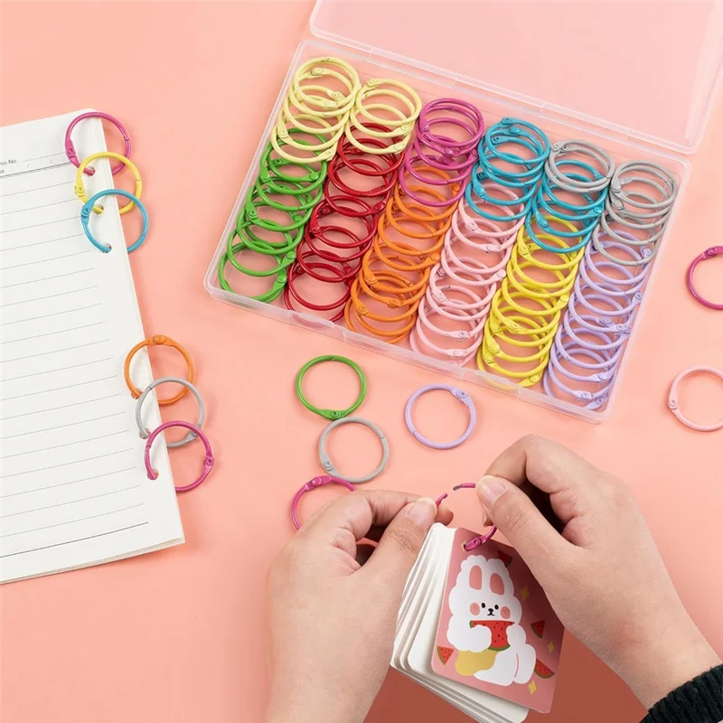 AED5-100PCS Anéis de pasta com 1 caixa organizadora transparente - 1 anéis de papel metálicos coloridos de folhas soltas de 1/5 polegadas