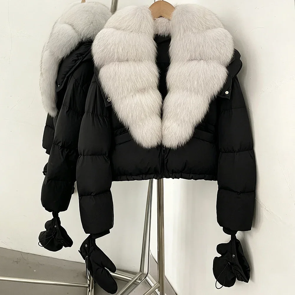 OFTBUY Neue Kurze Oberbekleidung Kapuze Entendaunen Luxus Echtfell Daunenjacke mit Abnehmbaren Handschuhen Damen Puffermantel mit Echtem Fuchsfell – Detail 8