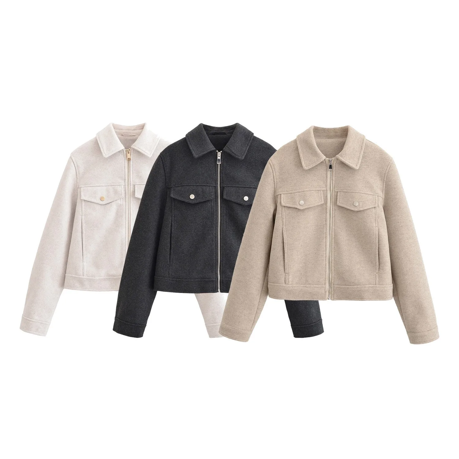 

KIDCRKJ Women Spring Woolen Jacket Multicolor Turn Down Collar Zipper Fly Female Pilot Coat Minimalist Stylish Lady Outwear