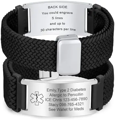 Medical Alert ID Bracelet for Men Women Custom Engraving Elastic Braided Stretch Wristband Emergency Survival Jewelry