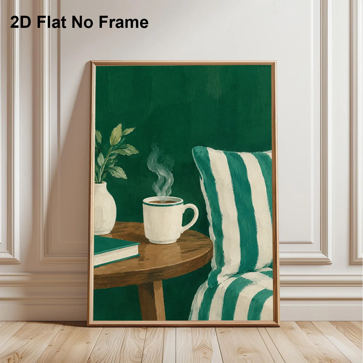 2D Flat, 2D Flat, 1pc Frameless Canvas Poster, Green Coffee Cup with Steam on Wooden Table Beside Striped Pillow Wall Art Can