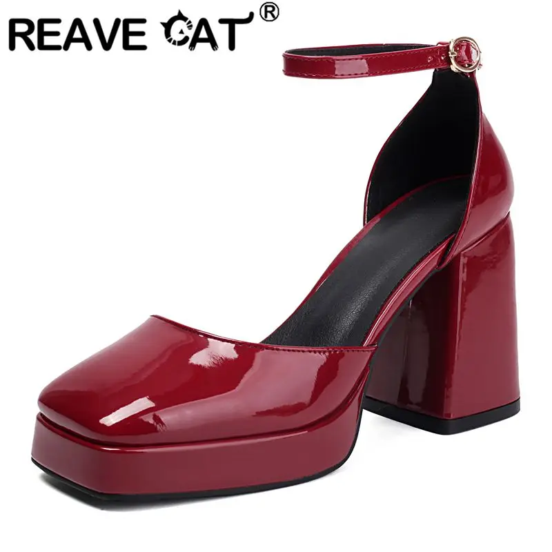 

REAVE CAT Luxury Shiny Female Sandals Square Toe Chunky Heels 9cm Platform 2.5cm Buckle Strap Large Size 41 42 43 Dating Shoes