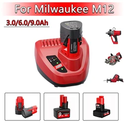 12V 3.0/6.0/9.0Ah Rechargeable Li-ion Battery For Milwaukee M12 XC Cordless Tools 48-11-2402 48-11-2411 48-11-2401 MIL-12A-LI