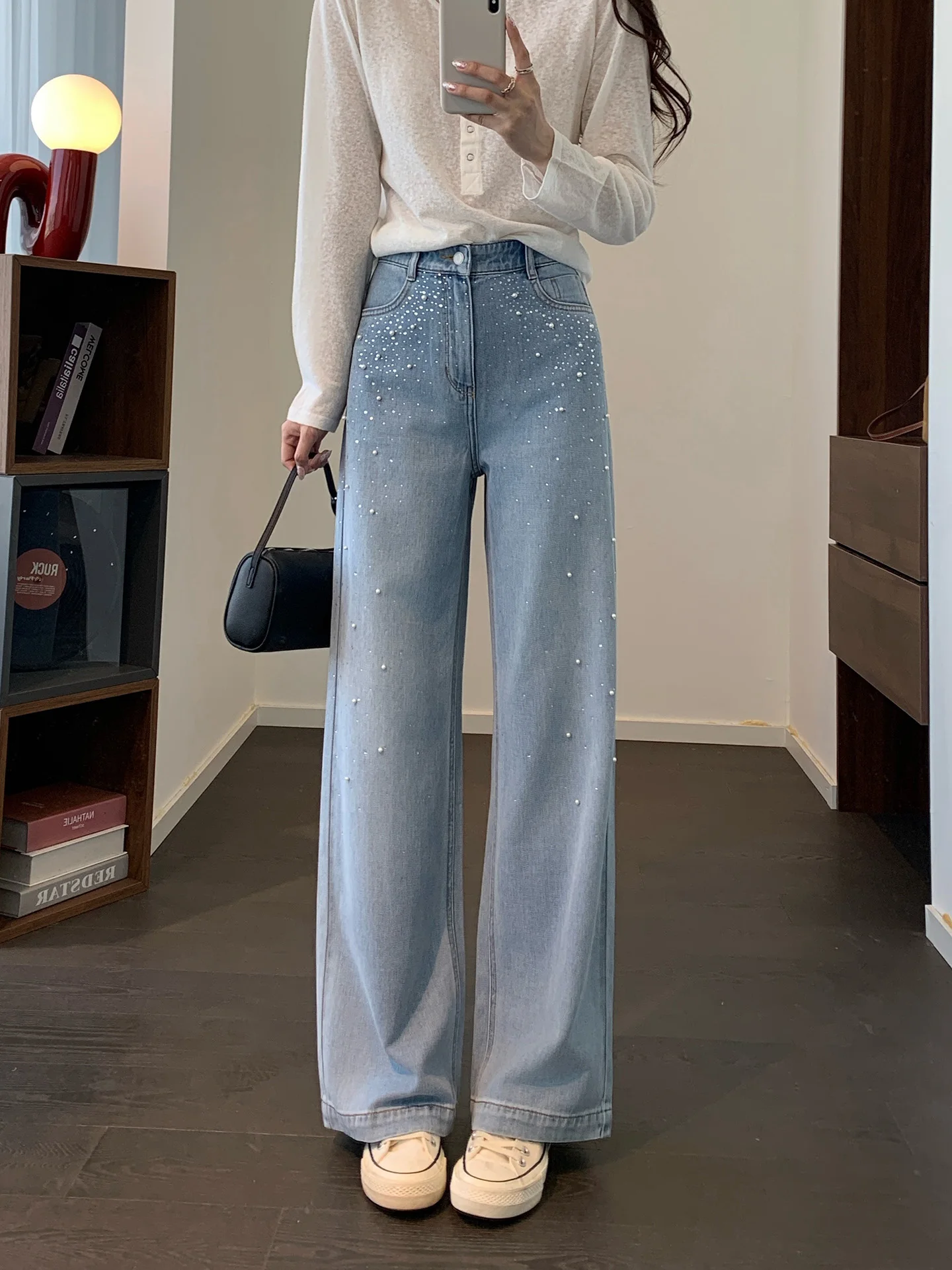 

Sparkling k Fla Heavy Du Rhinestone Embellied High Waist Loose Slim Straight Wide Leg Jeans Versatile Ladies Trousers