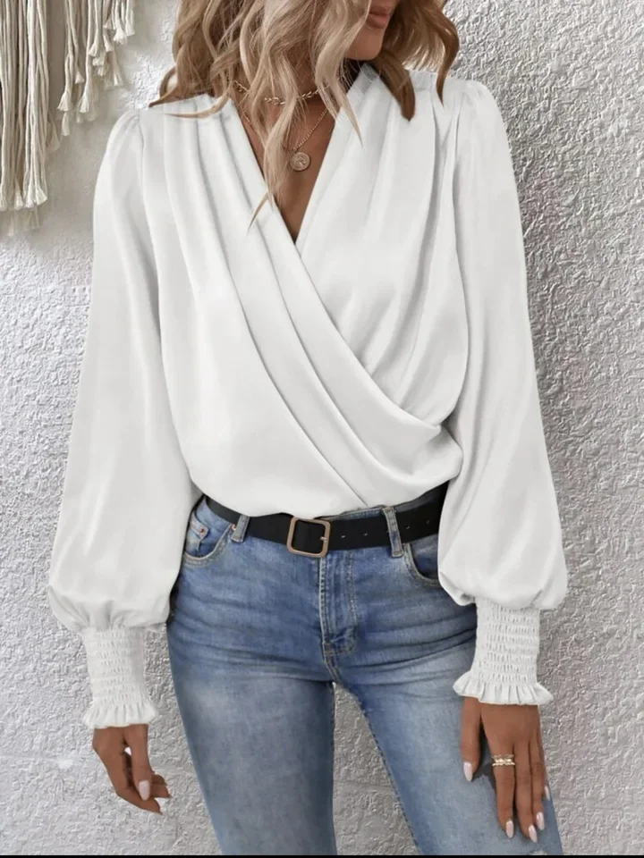 New Women's Simple Cross Pleated V Neck Shirt Spring And Summer Solid Color Retro Lanternlong Sleeved Female White Office Shirt