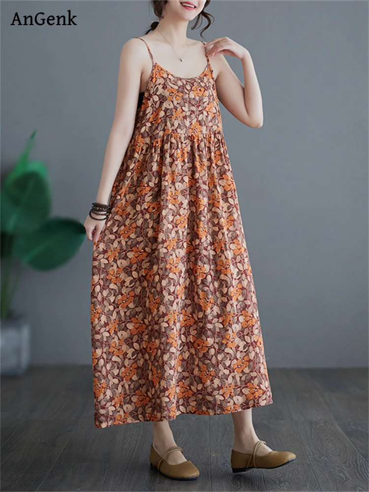 

Sleeveless Spaghetti Strap Dresses For Women 2024 Summer Cotton Vintage Casual Long Dress Femme Robe Fairy Beach Elegant Clothes