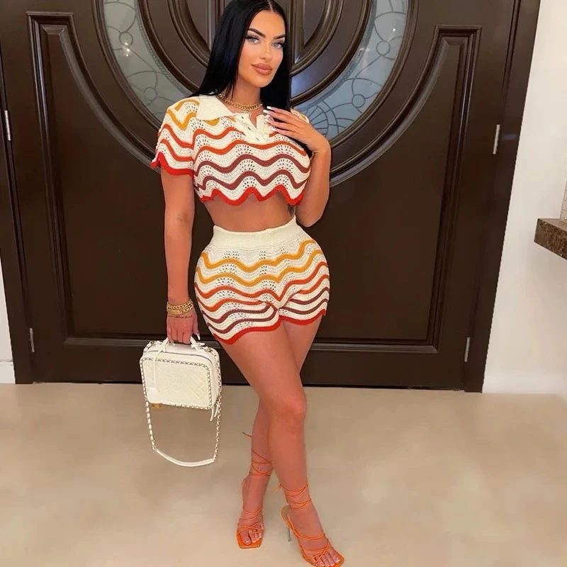 

Doyerl разноцветные вязаные полосатые летние наряды женские комплекты из 2 предметов для отдыха, пляжной вечеринки, клубного укороченного топа и шорт, одинаковые комплекты