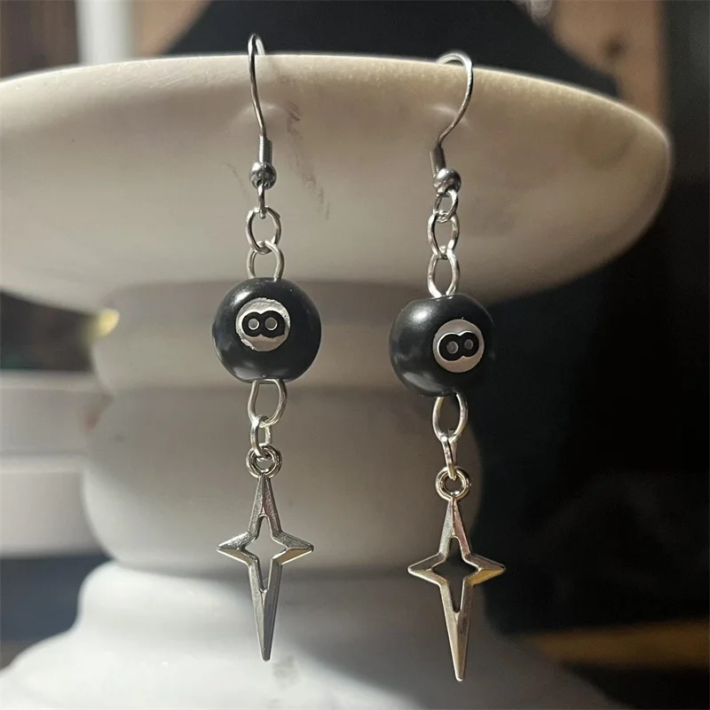

handmade y2k punk 8 ball billiard bead, and sparkly star charms fish hook dangle earrings