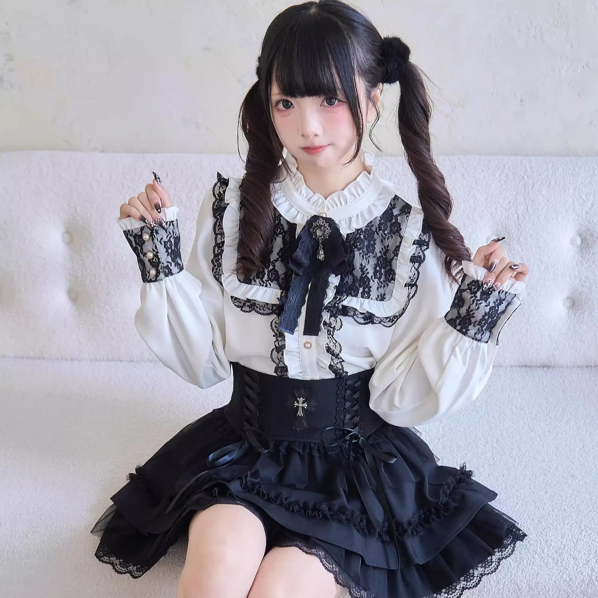 Sweet Cool Slim Off Shoulder Suit Women's Japanese Lovely Lace Blouse New Kawaii Black Short Skirt Fashion Vintage Lolita Set