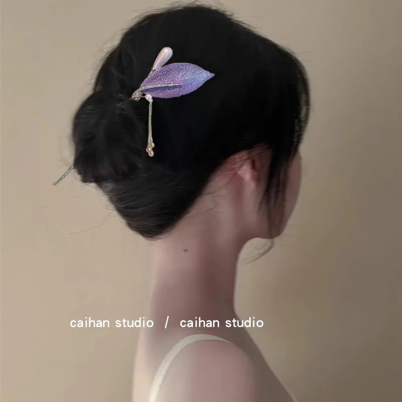 2025 جديد النمط الصيني الأرجواني ورقة الشعر العصي للنساء خمر شرابة معدنية Hanfu عود على شكل دبوس الشعر إكسسوارات الشعر #3