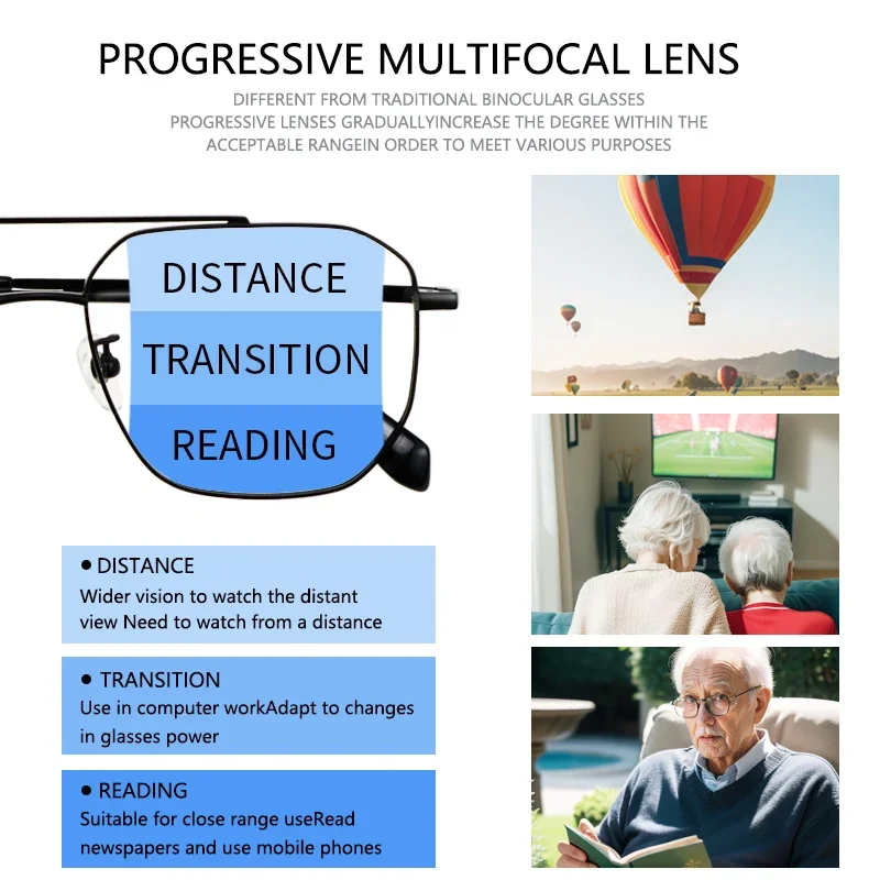 Progressive Multifocus Reading Glasses for Men, Blue Light Blocking Resin Lens, Metal Full Rim Readers,Presbyopia Eyeglasses