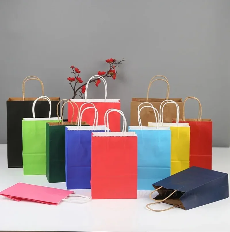 10 unids/lote bolsa de papel Kraft con asas bolsas de embalaje de regalo de Color sólido para tienda de ropa boda suministros de Navidad Kit de