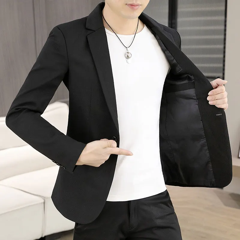 

Мужской модный молодежный деловой повседневный пиджак в корейском стиле, приталенный, однотонный, из полиэфирного волокна, весна-осень