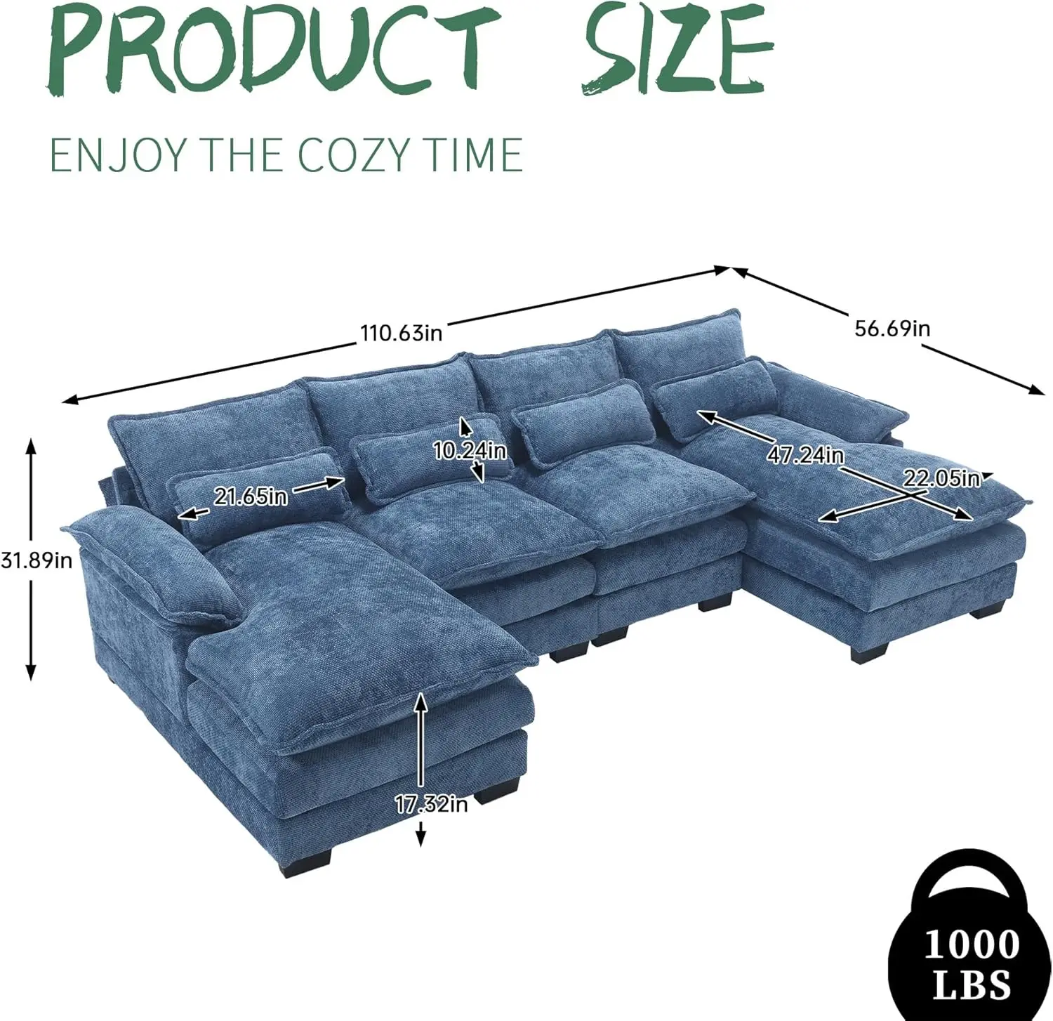 110 Inch Extra Large Modular Sectional Sofa, Modern Chenille U-Shaped Sofa with 4 Cushions, Memory Foam Sofa with Double Lounger