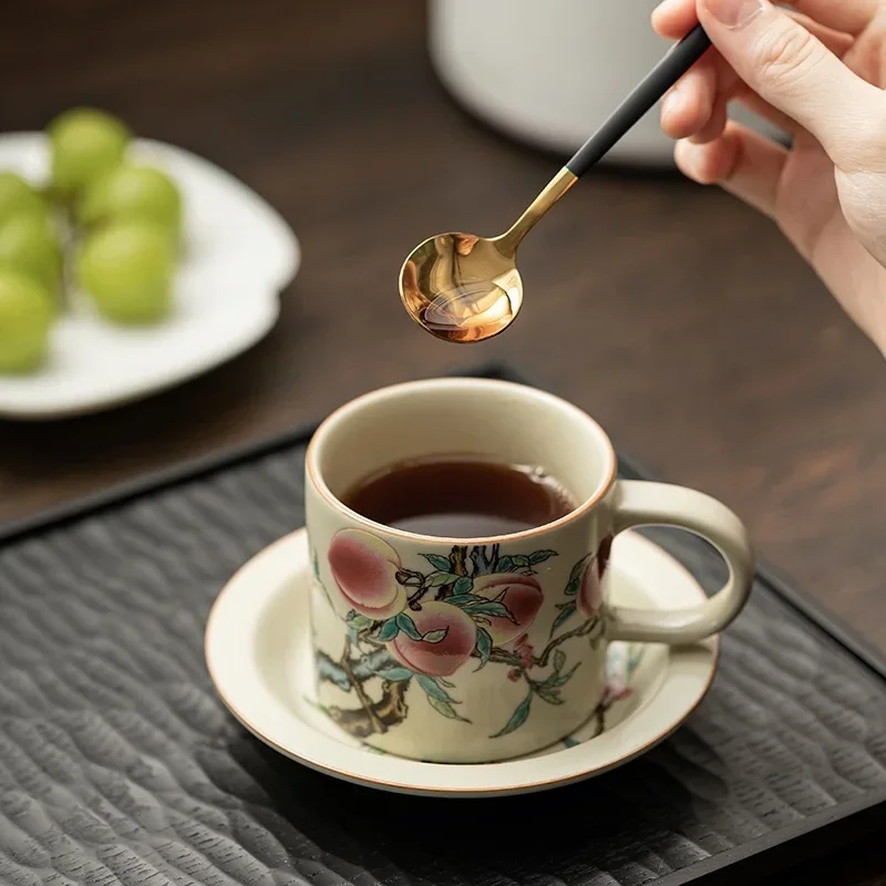 Antique Ru Kiln Nine Peach Coffee Cup Household Ceramic Retro Mug Office Women's Special Light Luxury Drinking Cup Coffeeware