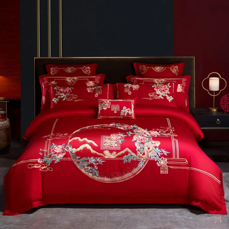 Classic Chinese Wedding Style Bedding Set Luxury Flowers Embroidery Red Duvet Cover Bed Sheet Pillowcases Home Textile