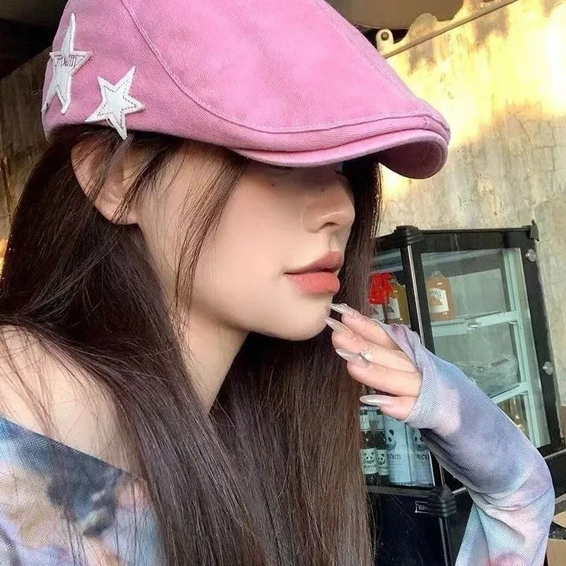 قبعة American Retro Star Beret البريطانية غير الرسمية للوجه تعزز قبعة الفنان الصغيرة بسيطة ومتعددة الاستخدامات مناسبة للربيع والخريف
