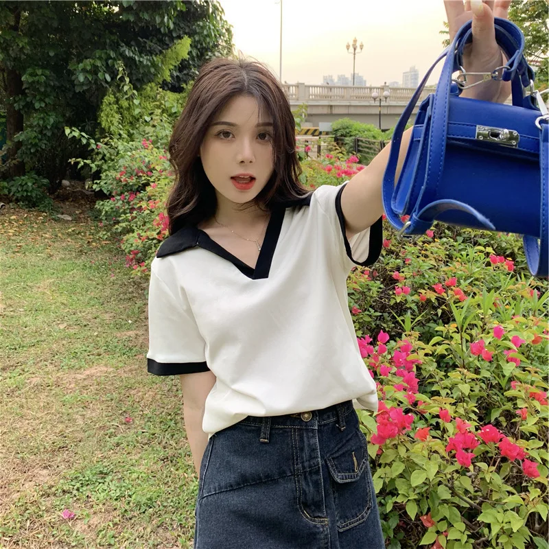 Patchwork Colors V Neck Sexy Crop Top Women Summer New Slim Short Sleeve Tees Y2k Korean Fashion All-match Tops for Women 2024