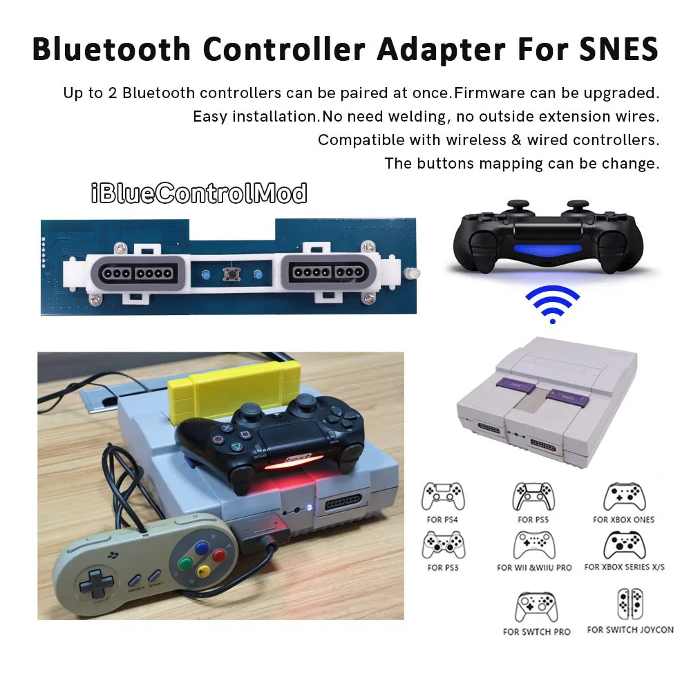 iBlueControlMod Adapter wewnętrzny Bluetooth US SNES do konsoli US SNES pasuje do kontrolera bezprzewodowego PS3/PS4/PS5/Xbox One/Switch