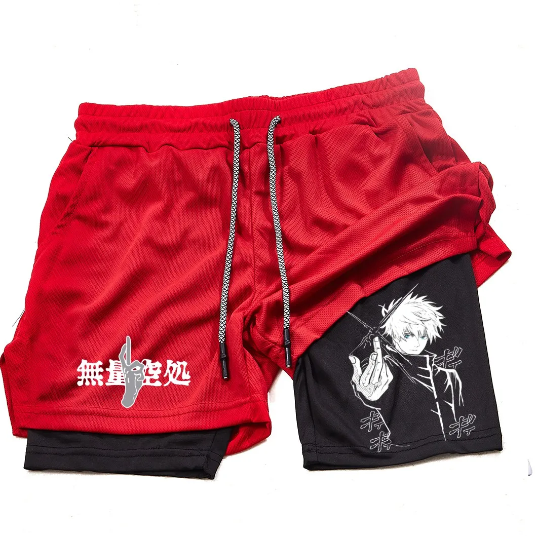 Pantalones cortos de compresión de Anime para hombre, ropa deportiva de verano, 2 en 1, entrenamiento, Fitness