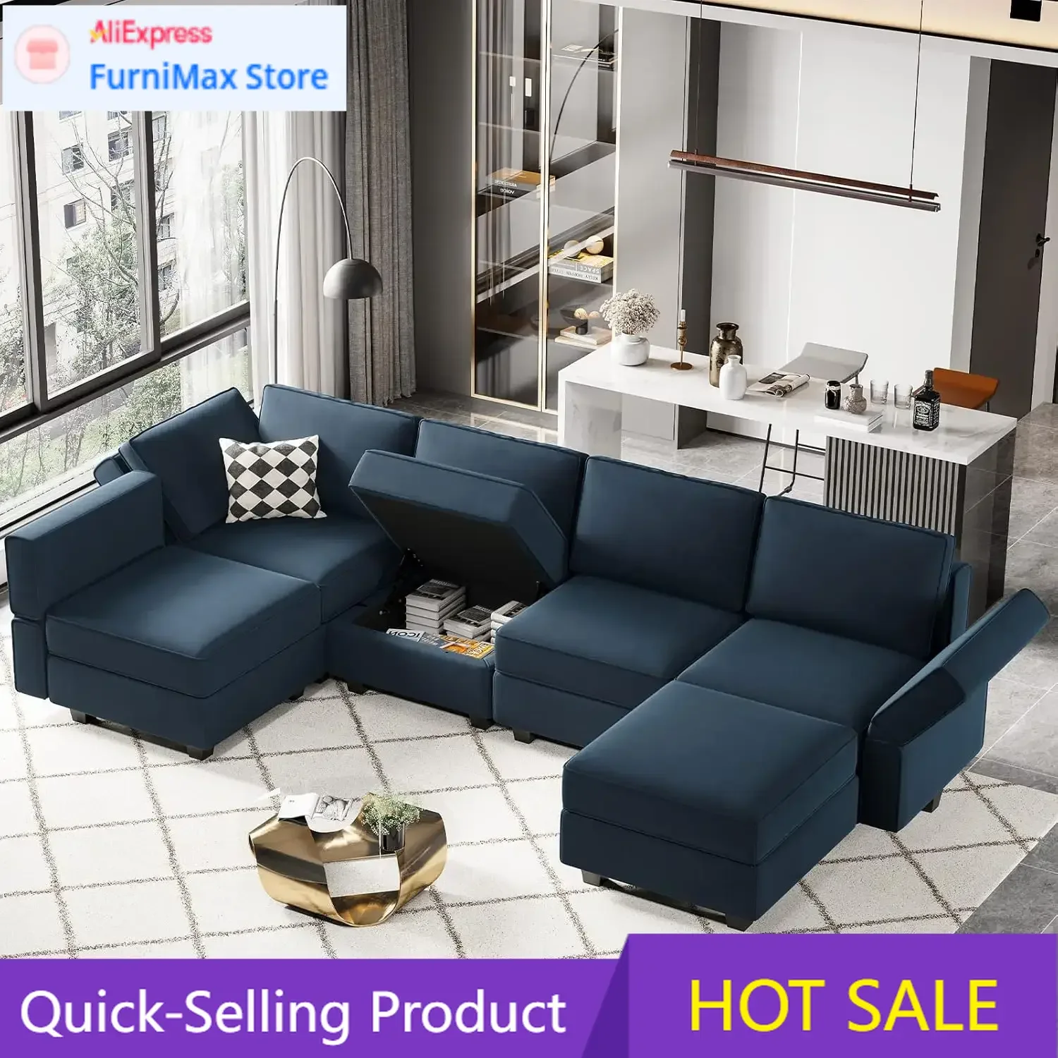 

Modular Velvet Sectional Sofa with Chaise Lounge Sectional Sleeper Sofa with Storage Chaise Bed Couch for Living Room Blue
