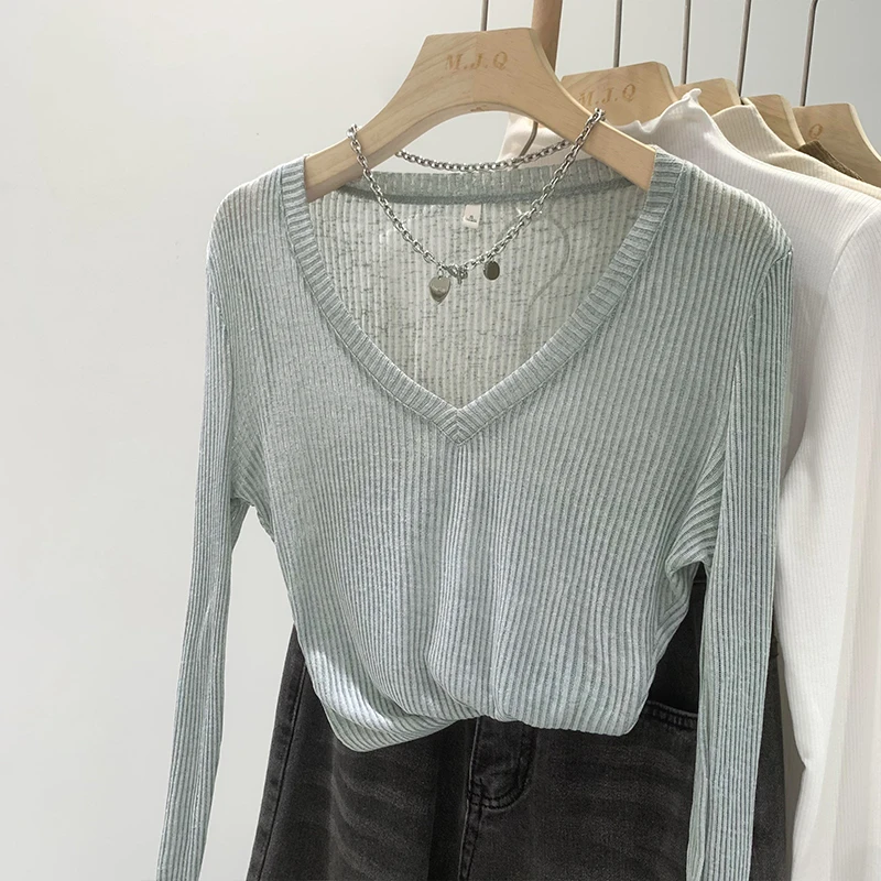 AOSSVIAO Women's V-Neck See-through Long Sleeve T-Shirts Thin Knitted Fashionable Casual T-Shirt Retro Sweet Versatile Shirts