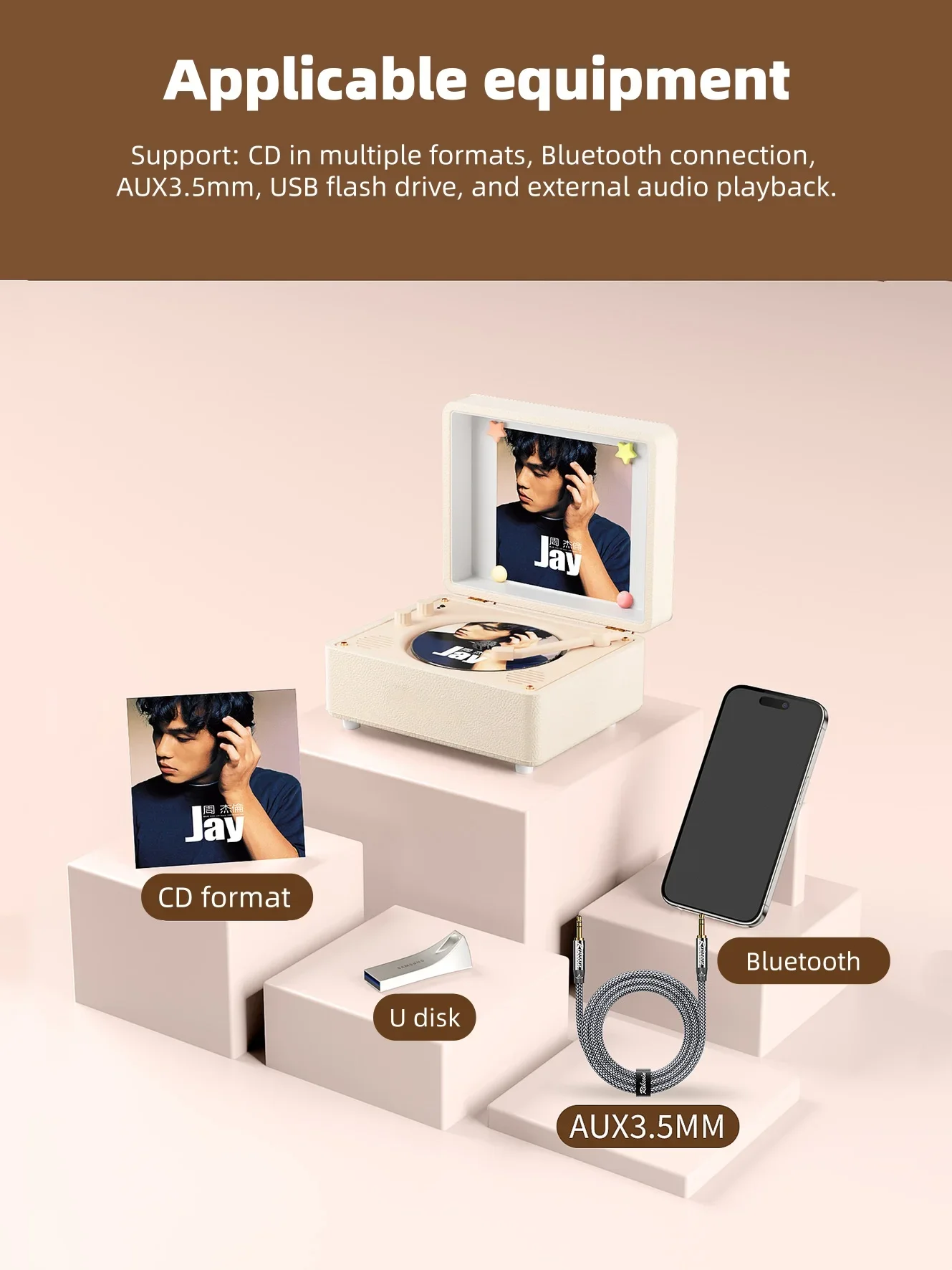 Vintage CD Player Bluetooth Speaker,Leather Wrapped Creative Album Disc Player,Portable Home Audio System for CD Music USB Playe