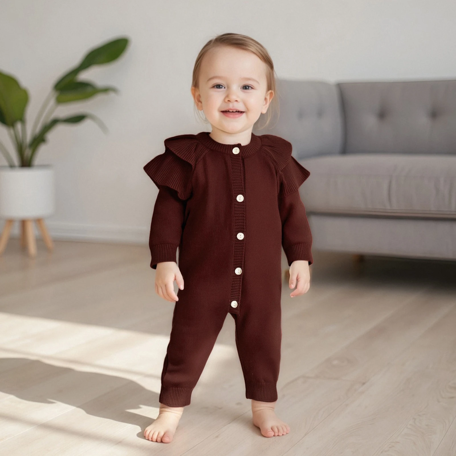 Infant Baby Girl Fall Winter Knitted Romper Cute Ruffled Trim Crew Neck Button Down Sweater Jumpsuit Newborn Clothes 0-18M