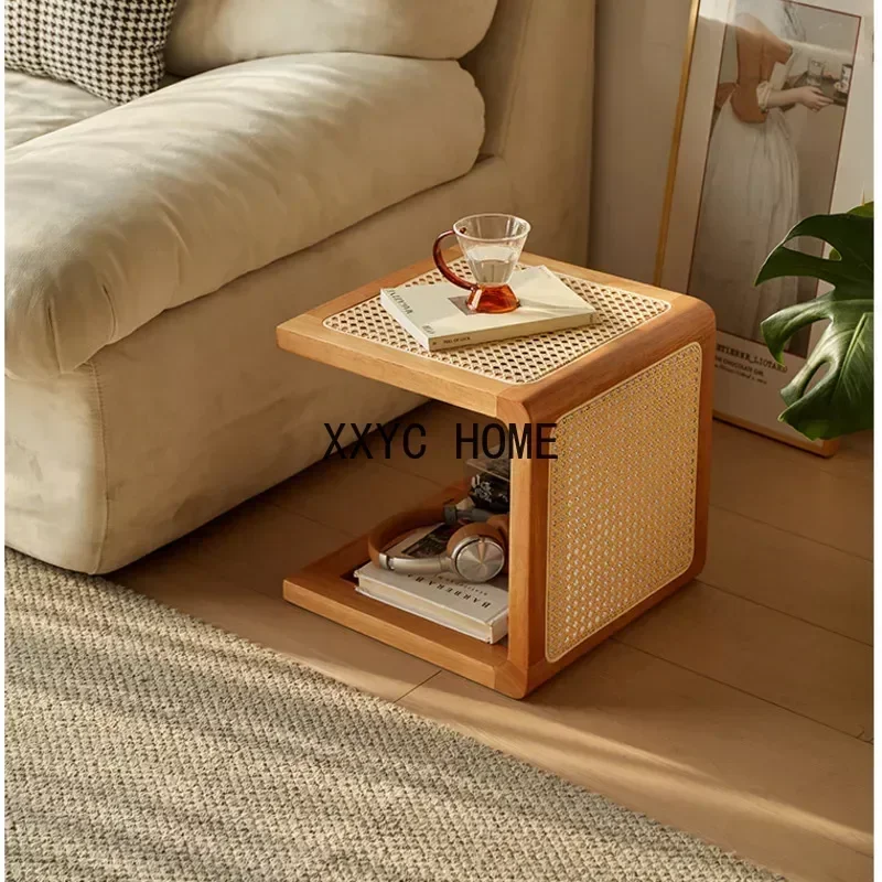 35x35x35cm Coffee Table Books Retro Living Room Side Table Solid Wood Rattan Nightstand Creative Multi-functional Step Stool