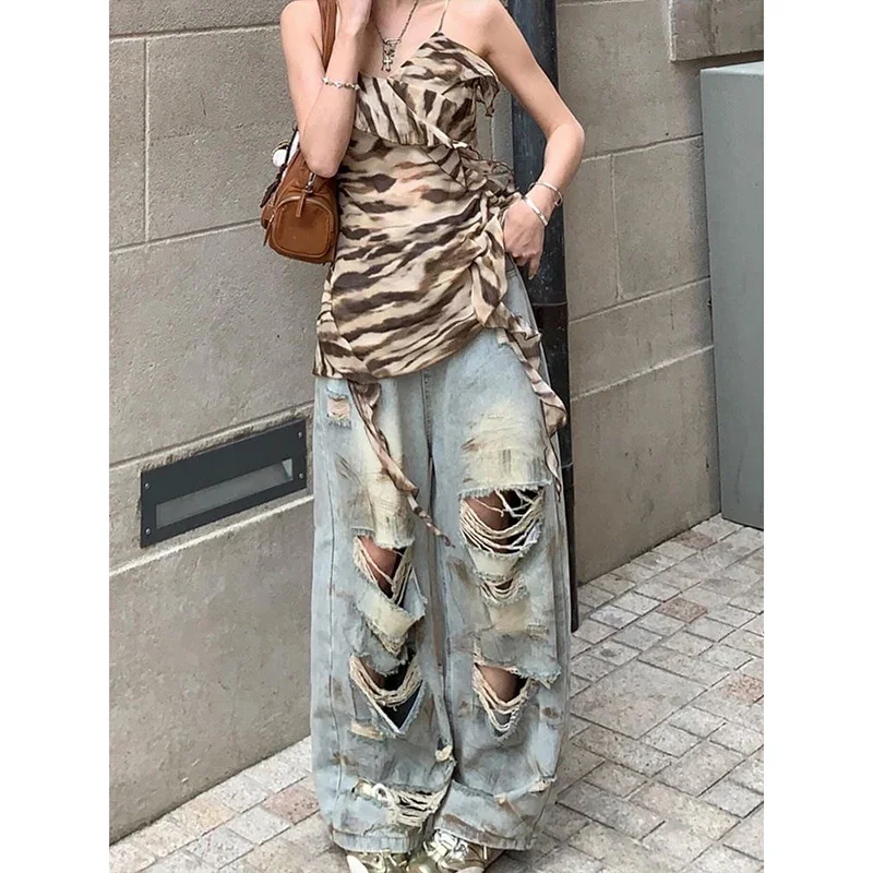 

Y2k рваные джинсы женские винтажные Harajuku мешковатые джинсовые брюки в стиле хип-хоп бойфренда японский стиль 2000-х годов синие джинсовые брюки одежда 2025