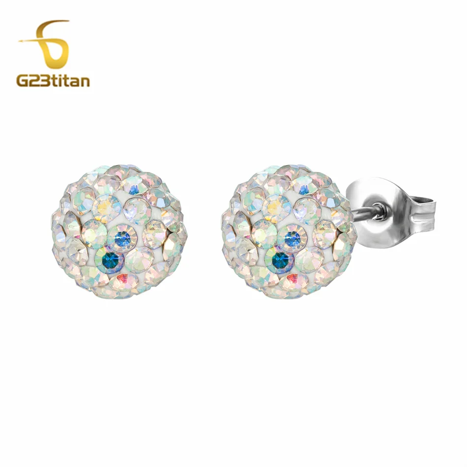 Bright Shambhala Earrings for Ladies AB Zircon Clay Ball Hypoallergenic G23 Titanium Stud Earings Girl Jewelry boucles d'oreille